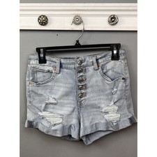 Aero Super High Rise Midi Jean Shorts Women's 8 Button Fly Distressed Denim
