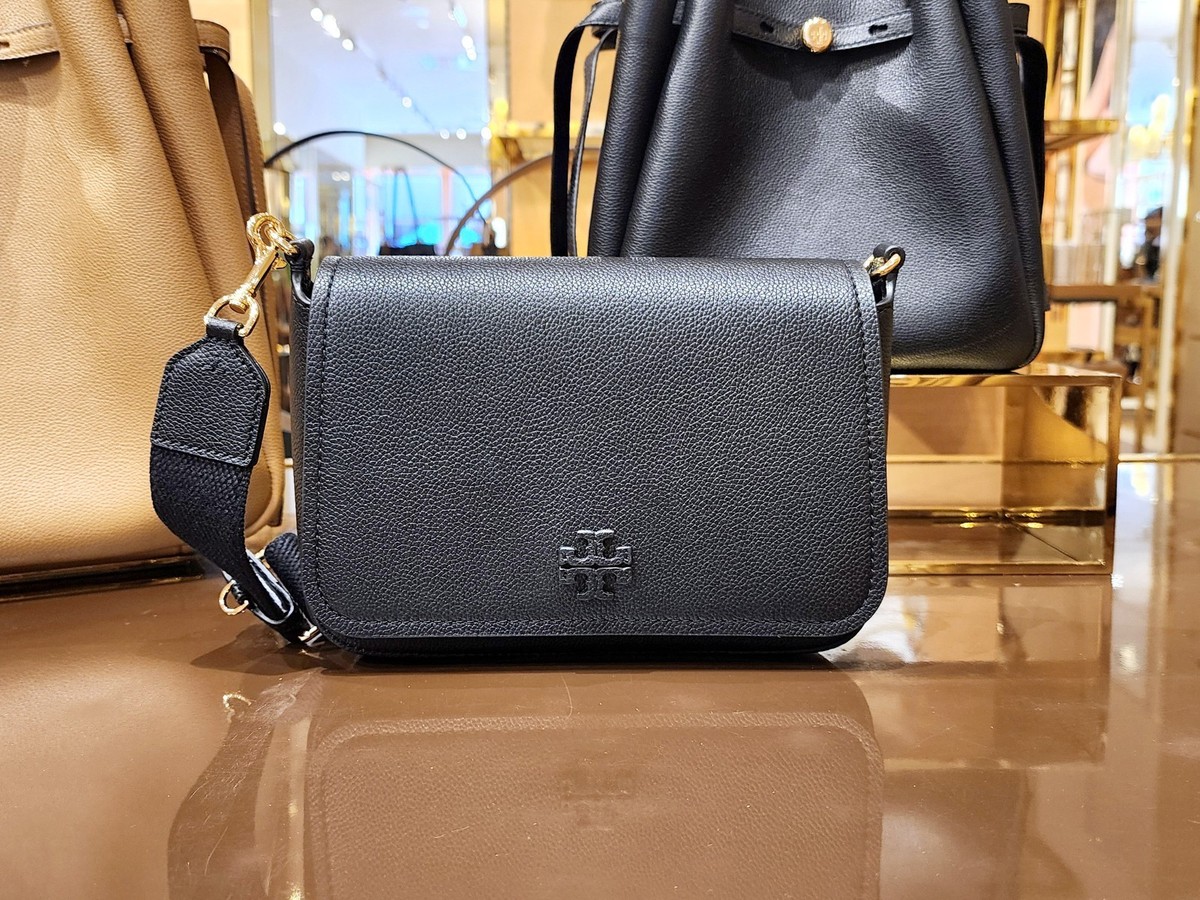 Tory Burch Thea Black Pebbled Leather Flap Crossbody Shoulder Bag