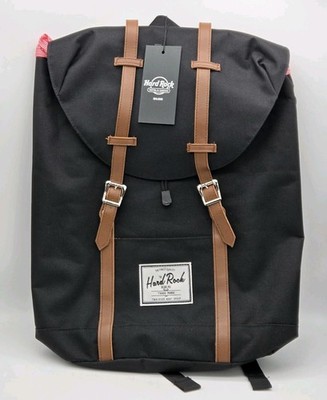 Hard Rock Biloxi MS Backpack Laptop Pocket Black Canvas Brown Faux Leather Trim