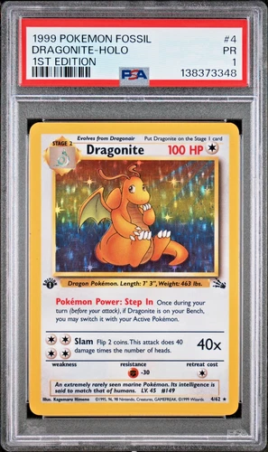 PSA 1 1ST EDITION 1999 Pokemon Fossil Dragonite Holo 4/62 Holo Foil WOTC