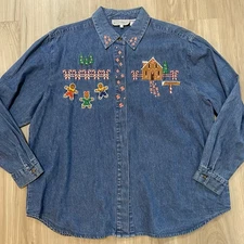 Vtg Westbound Womens Blue Denim Embroidered Gingerbread House Xmas LS Shirt 1X