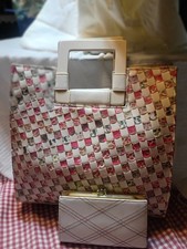 Vintage Unmarked White Pink Woven Leather Double Grab Handles w/Baronet Wallet