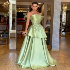 Beading Ruched A-line Prom Dreasses Strapless Long Dresses Evening Dresses