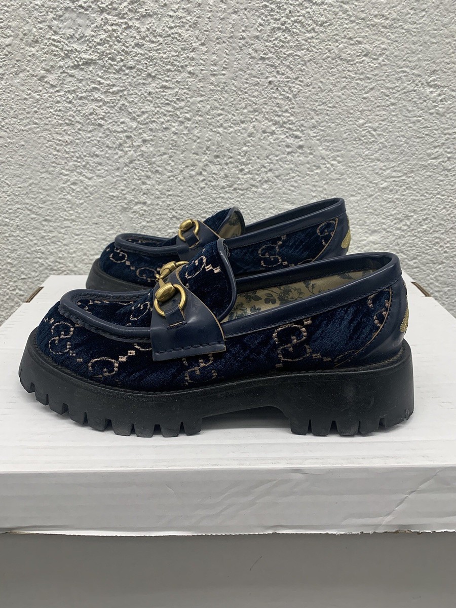 GUCCI Loafers Horsebit Platform Heels Chunky Blue Gg Velvet US 6