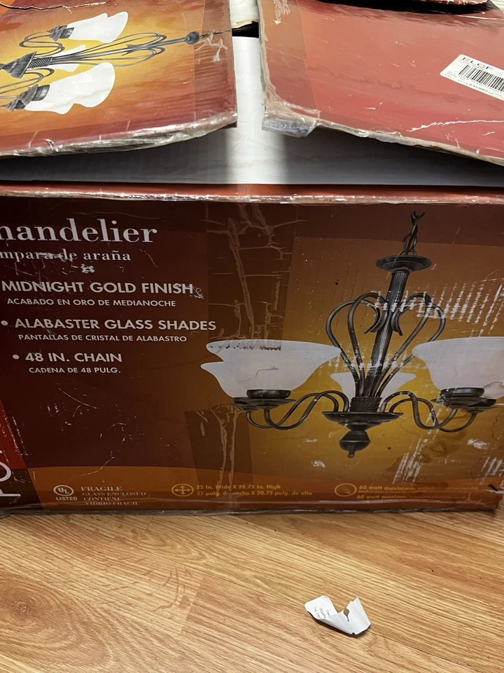 Lámpara de araña Portfolio de 5 luces | Oro medianoche + Vidrio de alabastro | Caja abierta Foto 4 de 4