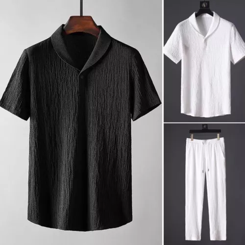 Sommer Herren 2-teiliges Baumwoll Leinen Wanderanzug Kurzarm Freizeit Hemd & Hose Set - Bild 7 von 22