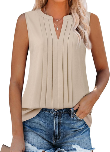 Sleeveless Chiffon Tank Tops for Women Dressy V Neck Blouses Work Pleated Shirt - Picture 12 of 25