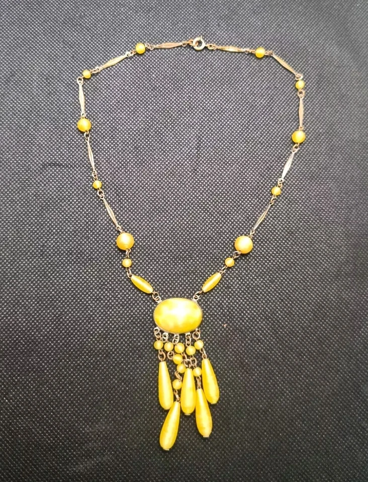 Antiguo collar Art Deco sin firmar escoria amarilla vidrio borla checa araña Foto 4 de 4