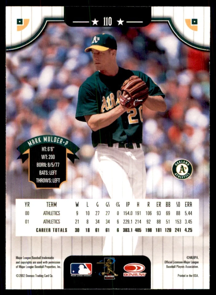 2002 DONRUSS MARK MULDER OAKLAND ATHLETICS #110 - Image 2 of 2