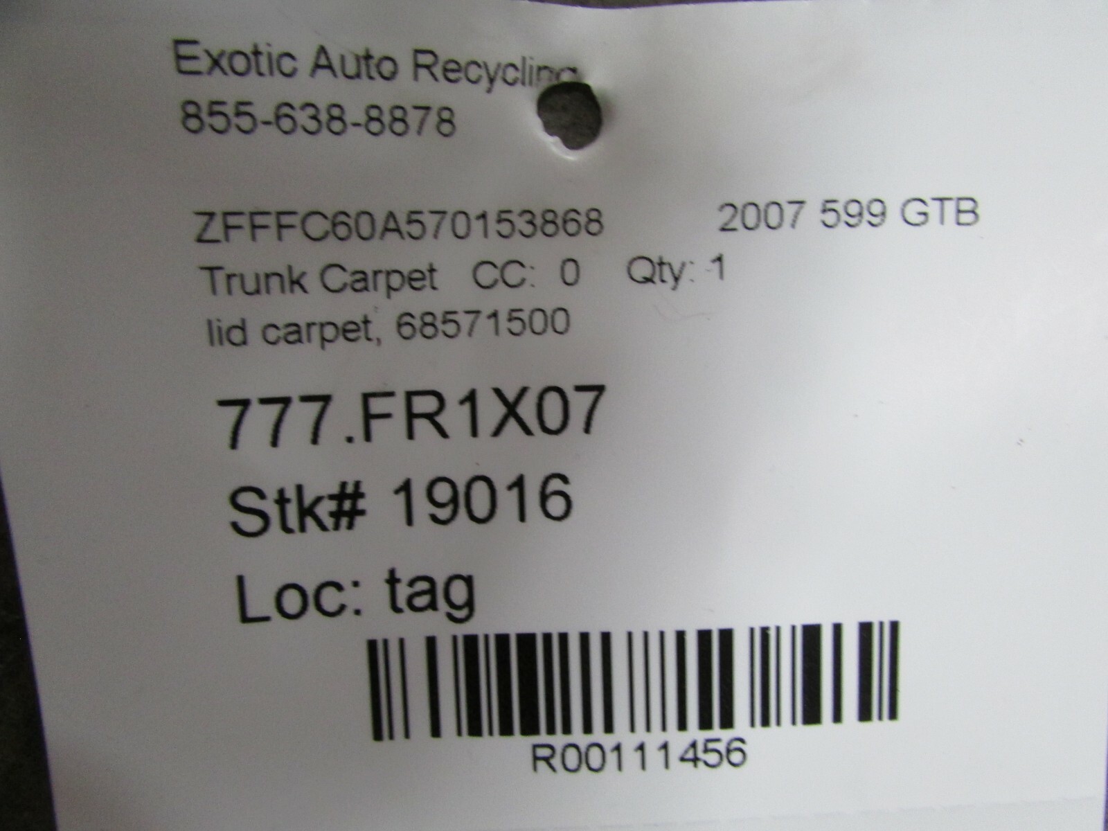 Ferrari 599 GTB, Rear Under Trunk Lid Carpet, Used P/N 68571500