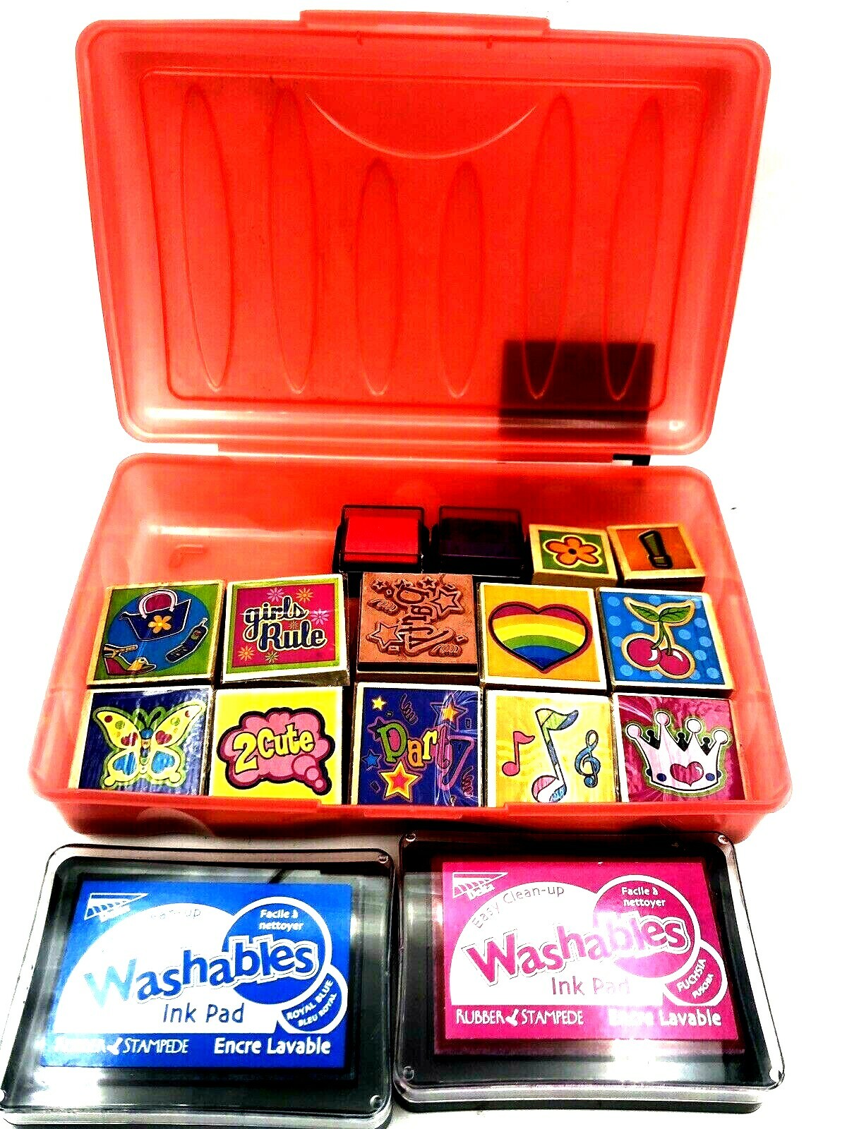 Kids Rubber Stamp Lot Of 12 Wooden Stamps & Washable Ink Pads Heart