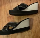 Women's Tommy Bahama Leather Wedge Sandal Mule Slip On 3.25" Heel Black White 7B — photo 6
