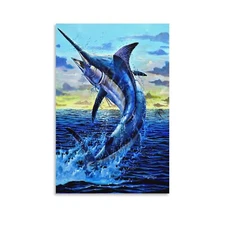 Ocean Jumping Blue Marlin Fishing Canvas Art Wall Painting Poster Print