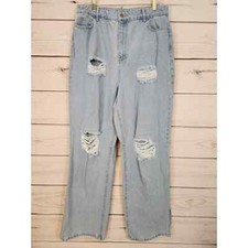 Boohoo Womens Blue Solid Cotton Distressed Hight Rise Straight Leg Jeans Size 12