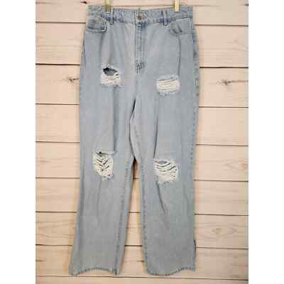 Boohoo Womens Blue Solid Cotton Distressed Hight Rise Straight Leg Jeans Size 12