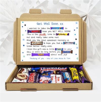 Personalisierter Get well soon Geschenk Leckerli Korb Schokolade Umarmung Machen Sie eine Pause Ill Op