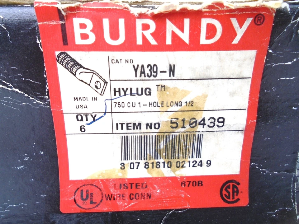 (6 Pc) BURNDY - YA39N - COMPRESSION HYLUG -750kcmil LONG BARREL 600V 35kA Tin/CU - Image 3 of 4