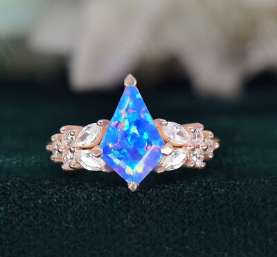 Kite Blue Opal 925 Silver 14K Rose Gold Plated Unique Engagement Art Deco  Ring