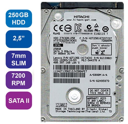 Festplatte HGST Z7K320 2,5" SATA II 7200 rpm 7mm slim 250GB HDD