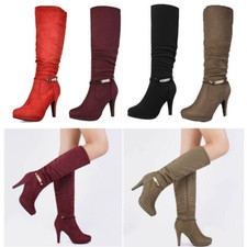 Women Stilettos High Heel Knee High Boots Winter Warm Fur Lining Side Zipper