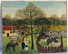FOLK ART animals sheep dog country farmer Orig. OIL PAINTING masonite signed