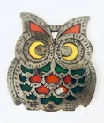 Vintage Cast Iron Owl Trivet Tiffany Like Stain Glass Orange Green Yellow Retro
