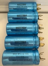 5 MALLORY CAPACITORS 3600 MFD 40 VDC POS RED--NEW