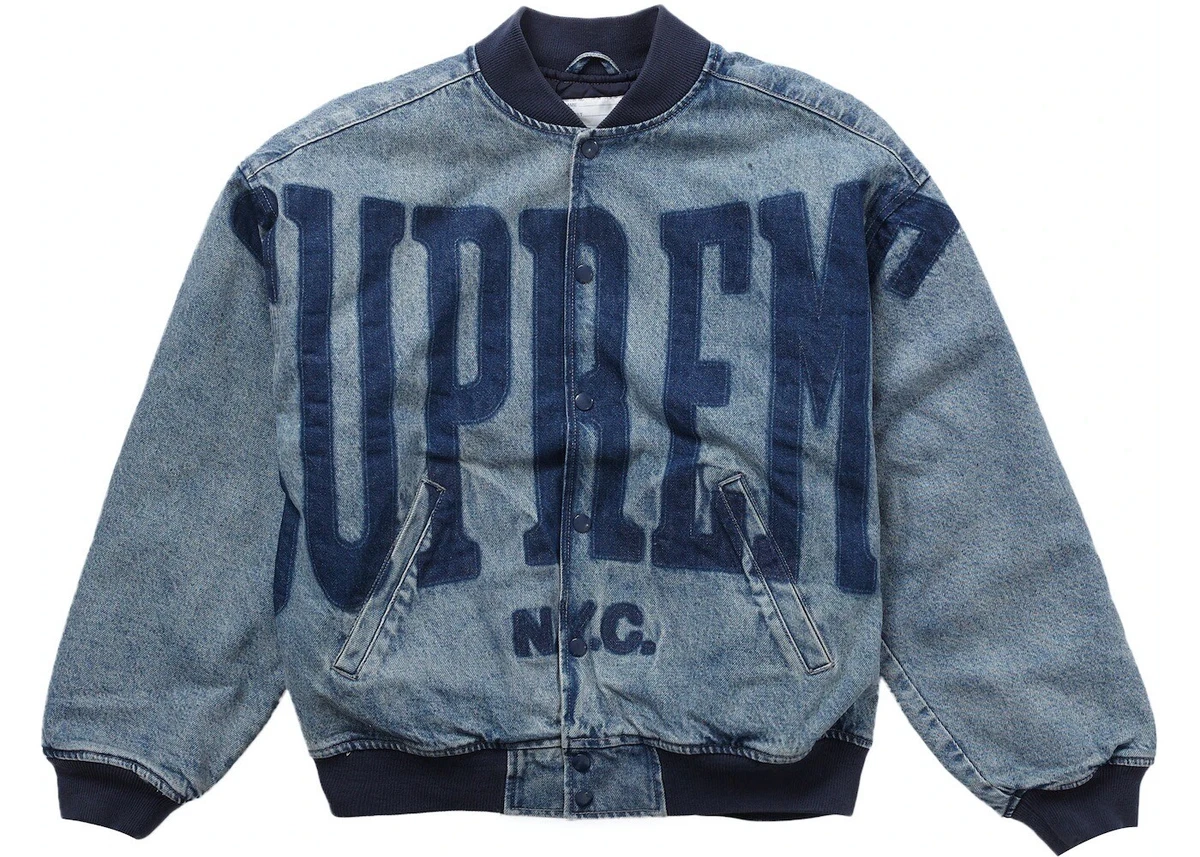 Supreme NYC Washed Knockout Denim Varsity Jacket Blue Men Size Medium New