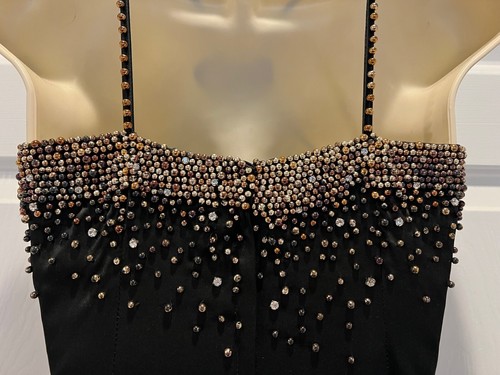 Vintage 80's Sexy Black Satin Plunging Neckline Rhinestone Beaded Evening Gown S - Picture 6 of 7