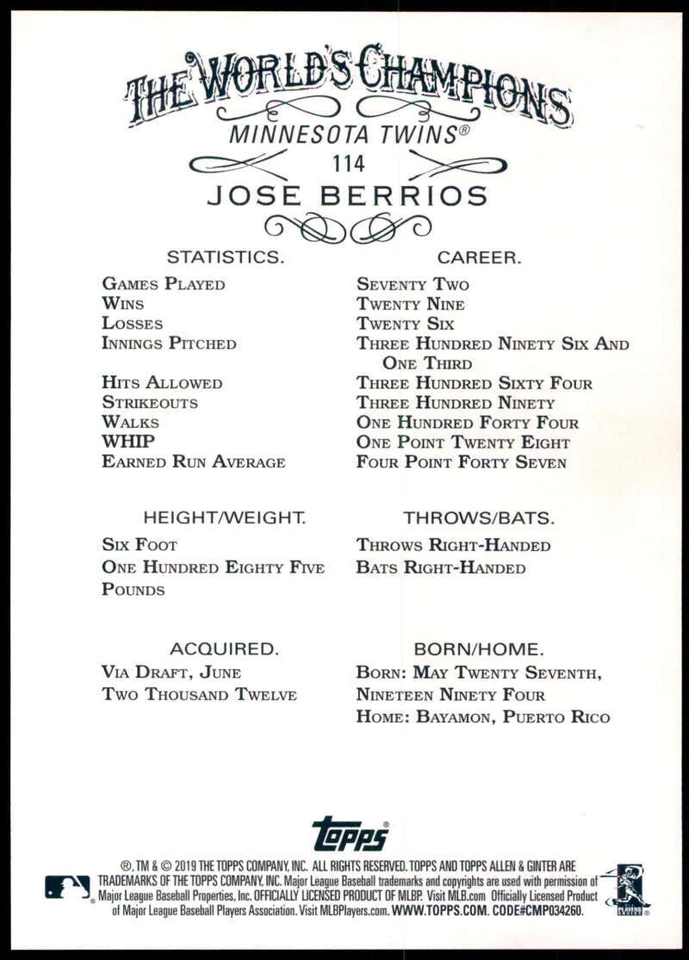 Jose Berrios 2019 Allen and Ginter 5x7 Gold #114 5/10 Twins - Image 2 of 2