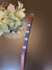 Preppy Brown Leather Blue White Needlepoint Block S Youth Belt XS