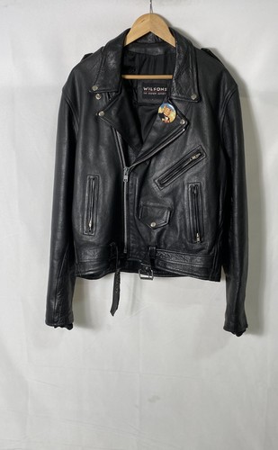 Wilsons Men's Black Leather Biker Motorcycle Jacket Belted Against Me Patch