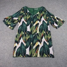 Belongsci Dress Womens Large Green Tropical Leaf Print Bell Sleeve Lined Shift