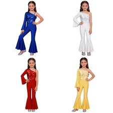Kids Girls Costume Gymnastic Dancewear Shiny Flared Pants Retro Sequin Ballet
