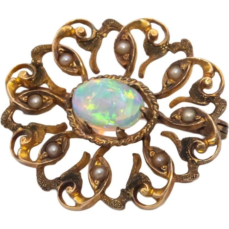 Broche prendedor oro amarillo 10k cabujón ópalo y perla semilla