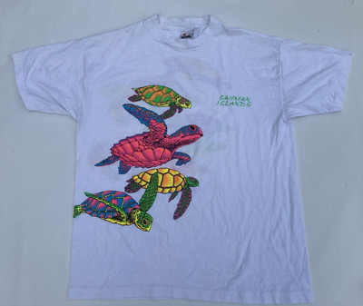 Vtg 90s Cayman NEON Sea Turtles Animal nature wrap around white Signal T Shirt
