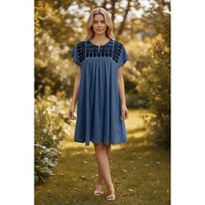 GAP Womens Blue Embroidered Split Neck Short Sleeve Cotton Blend Shift Dress S