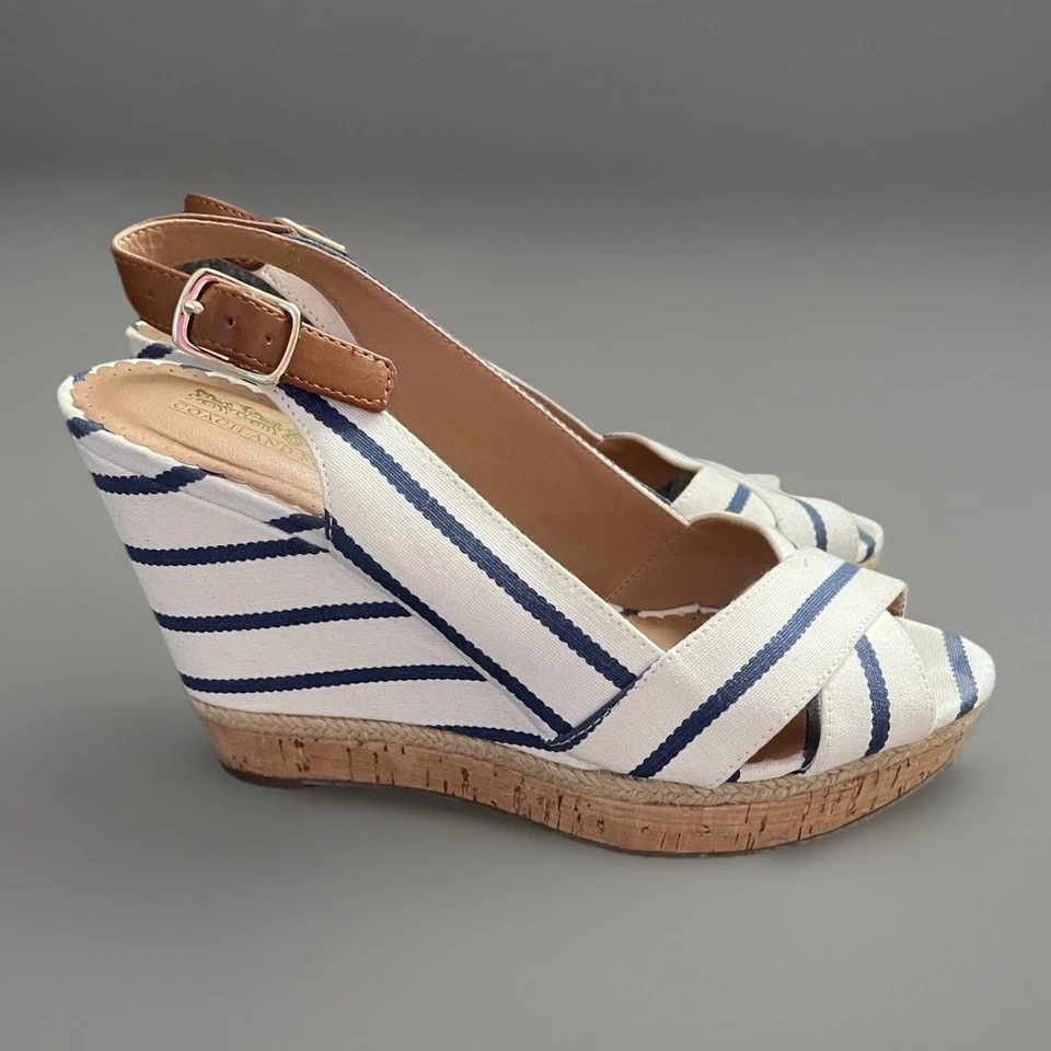 Coach и четыре полоски на танкетке Slingback каблуки с открытым носком белый синий 7,5 - Изображение 3 из 4