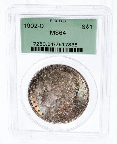 1902 O Morgan Silver Dollar PCGS MS 64 $1 Coin Obverse Rainbow Mint Bag Toning