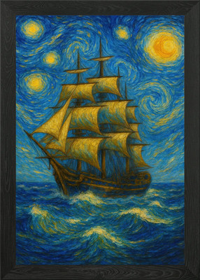 Gerahmtes Wandbild Poster Leinwanddruck Bild Segelschiff unter Sternenhimmel