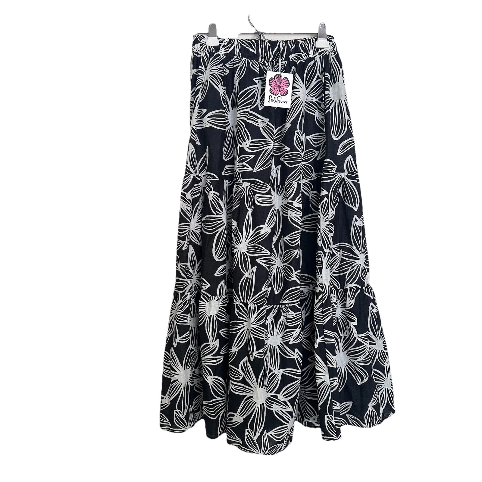 NWT Lesley Evers Claudia Flower Lines Black Floral Maxi Linen Blend Skirt M