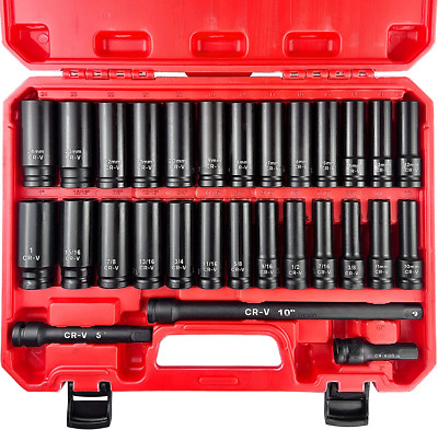 29Pcs 1/2'' Socket Set Drive Deep Impact Socket Set Including 3 '', 5'', 10''