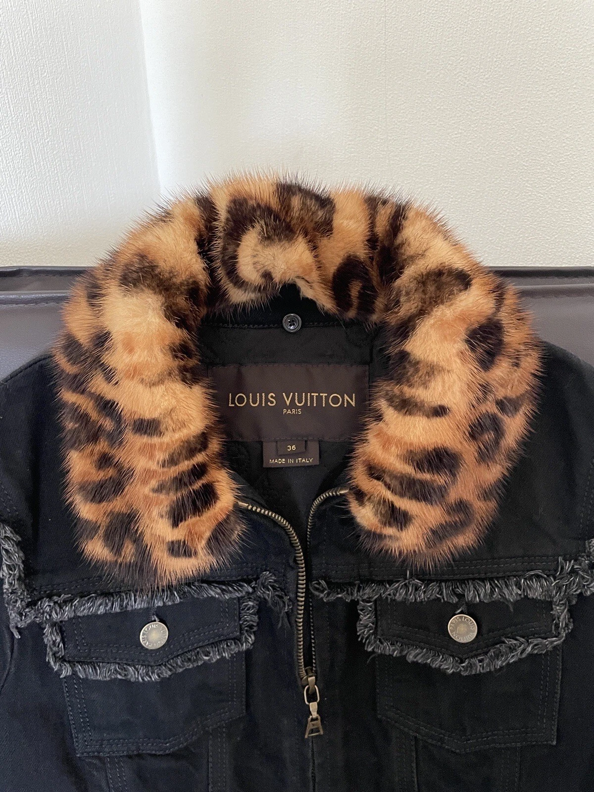 LOUIS VUITTON（LV） Autentica giacca bomber Louis Vuitton denim nero in pelliccia di visone con logo colletto in pelliccia di visone taglia 36
