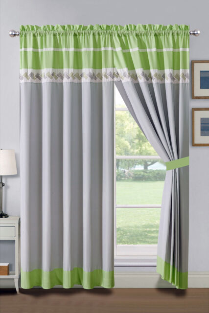 Stunning lime green window valance 4 Pc Knoton Lines Stripe Embroidery Curtain Set Lime Green Gray Off White Sheer 655881351934 For Sale Online