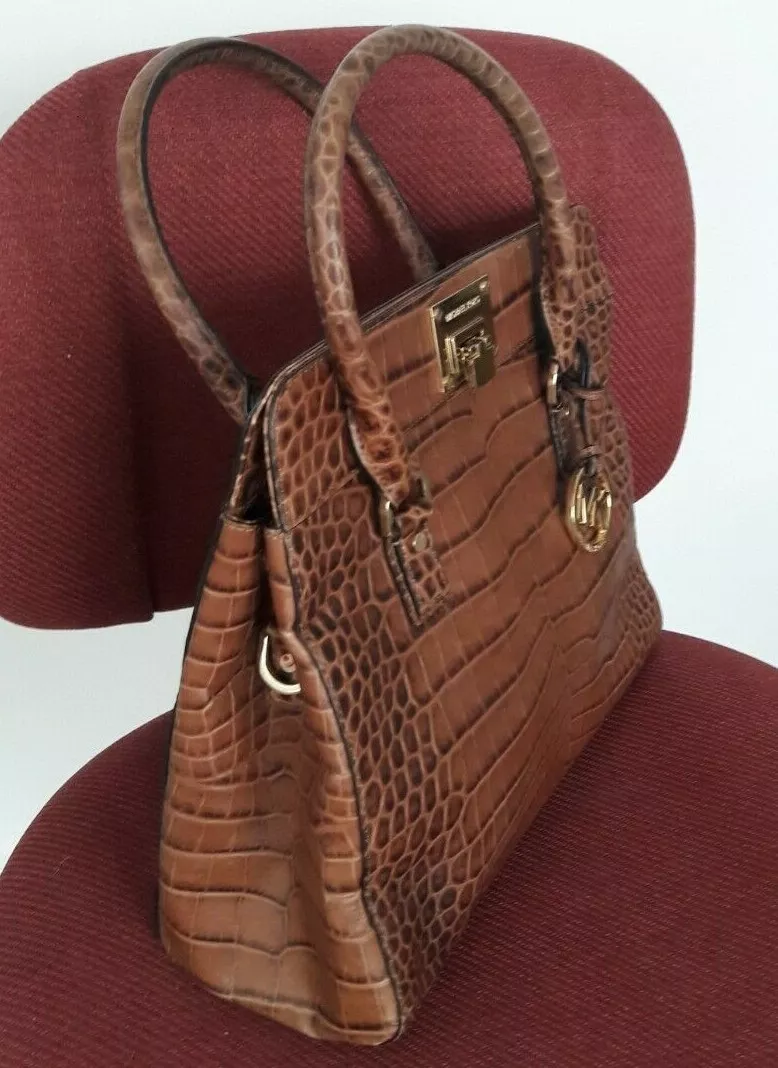 AUTH MICHAEL KORS ASTRID CROC EMB LEATHER LARGE SATCHEL BAG PURSE 448 WALNUT