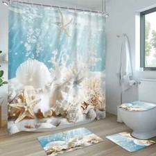 NEW 4 Pcs Shower Curtain Set with Non-Slip Rugs Toilet Lid Cover and Bath Ma
