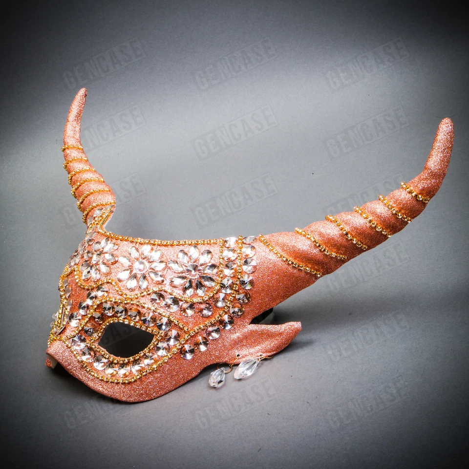 Máscara feminina luxuosa Krampus chifres longos glitter elegante diabo ouro rosa - Imagem 2 de 4