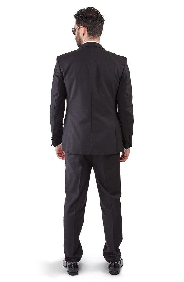 Esmoquin negro ajustado AZAR MAN 2 botones satinado muesca solapa 3 piezas con vestíbulo POR AZAR Foto 3 de 4