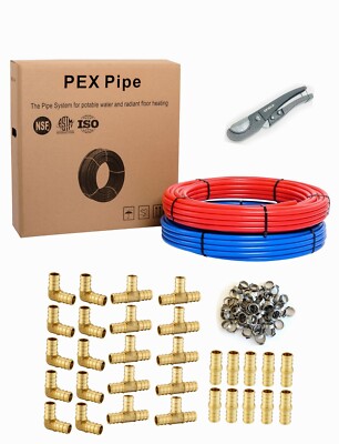 1/2'' 2x 100ft(200ft) PEX Pipe ,30 Pcs 1/2'' Brass Fitting, 100 Pcs Clamps ,Cutter