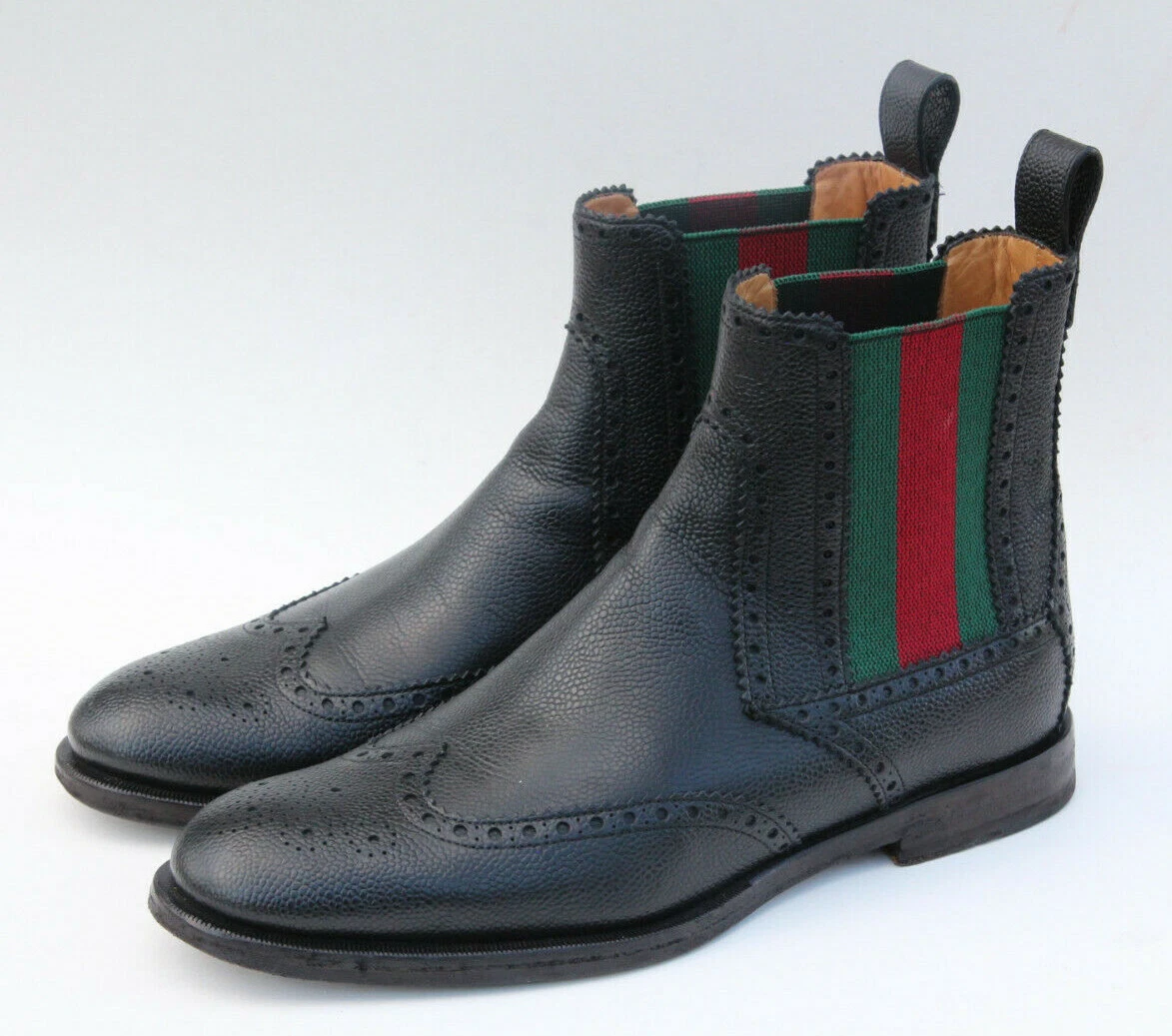 Gucci Strand Web Wing Tip Mens Black Leather Chelsea Boots Shoes UK - US 8 | eBay